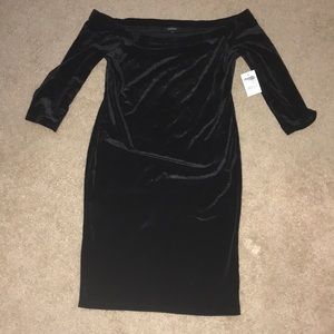 Black velvet off shoulder cocktail dress